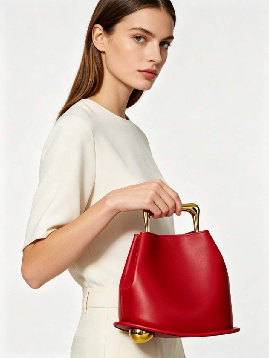 NEW Tote Bag PU Leather Bucket Simple Solid Color Irregular Casual Crossbody Shoulder Bag Shopping High-Grade Vintage Leather Wooden Handle Bucket Bag