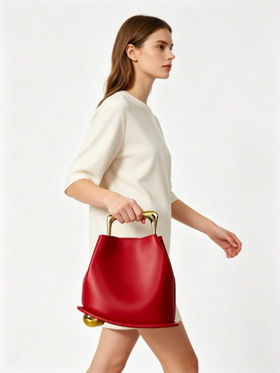 NEW Tote Bag PU Leather Bucket Simple Solid Color Irregular Casual Crossbody Shoulder Bag Shopping High-Grade Vintage Leather Wooden Handle Bucket Bag