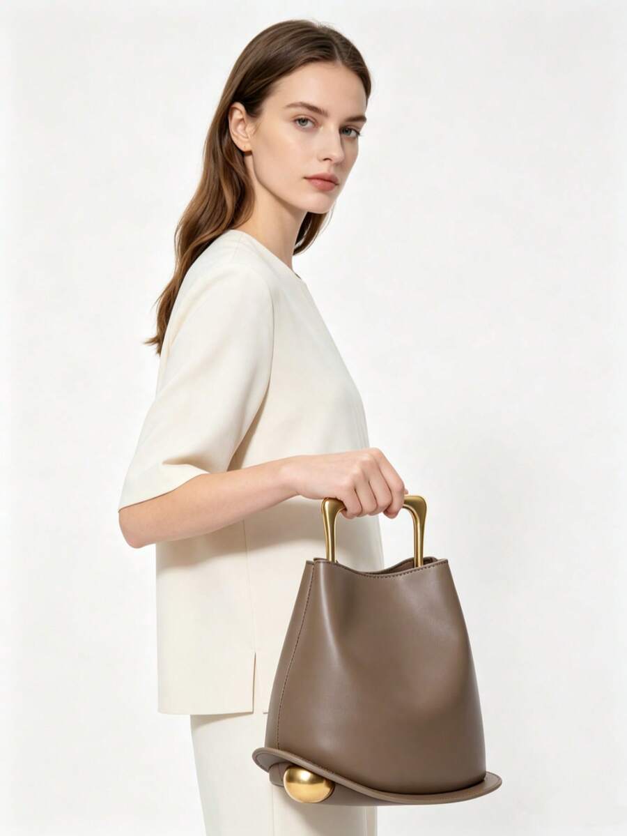 NEW Tote Bag PU Leather Bucket Simple Solid Color Irregular Casual Crossbody Shoulder Bag Shopping High-Grade Vintage Leather Wooden Handle Bucket Bag