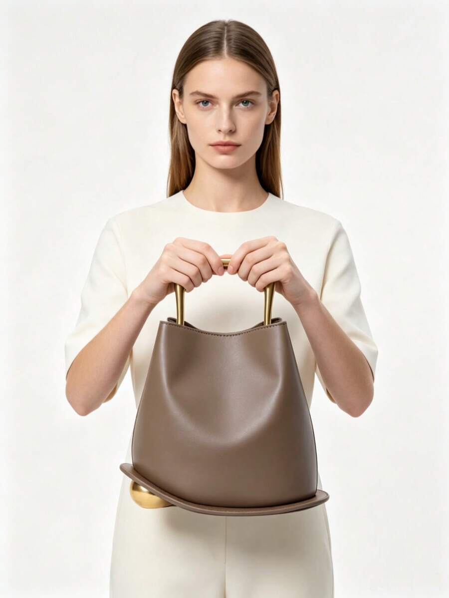NEW Tote Bag PU Leather Bucket Simple Solid Color Irregular Casual Crossbody Shoulder Bag Shopping High-Grade Vintage Leather Wooden Handle Bucket Bag