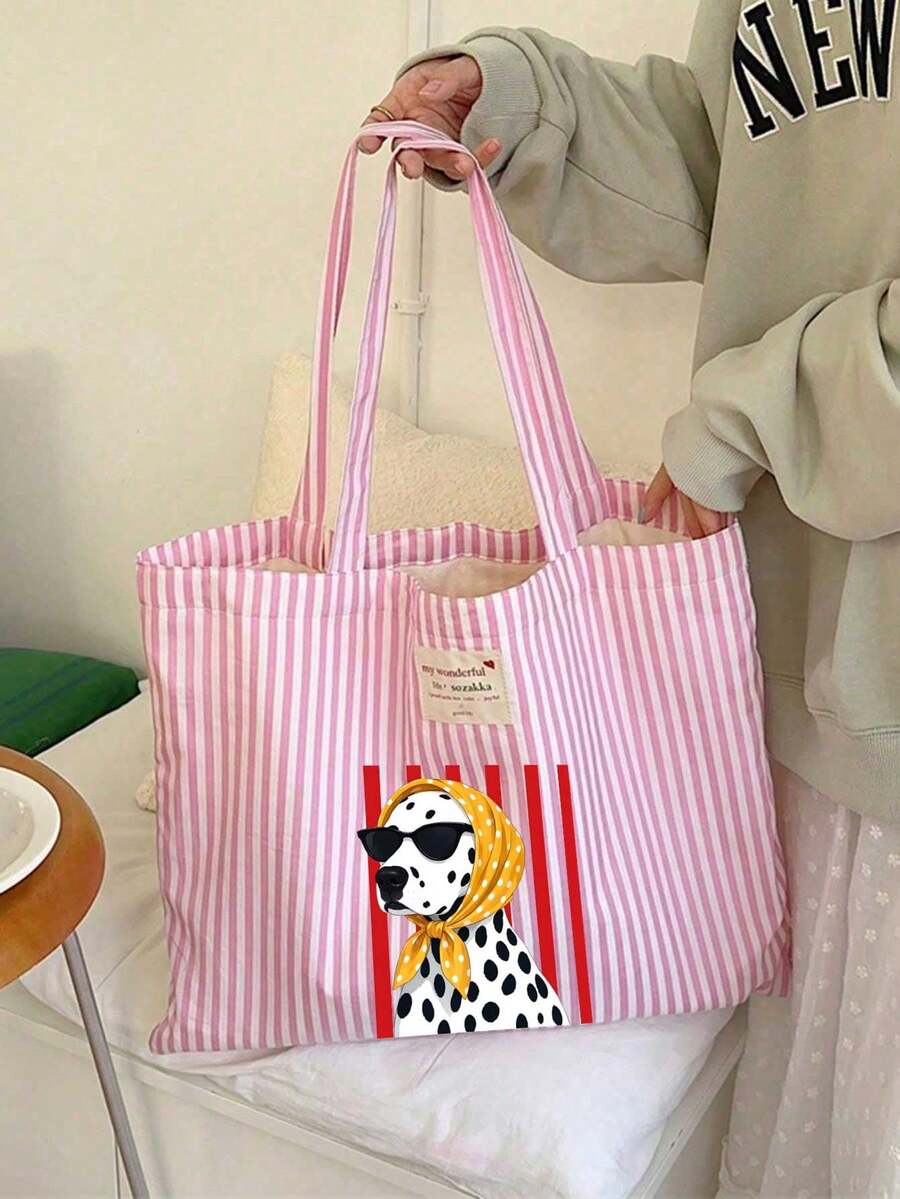 Pink Striped Spotted Dog (Wearing Scarf) Print Tote Bag And Storage Bag Set- Large Capacity Canvas Shoulder Bag With Matching Cosmetic Bag, Women's Handbag, Casual Tote Bag, Waterproof And Sand-Resis