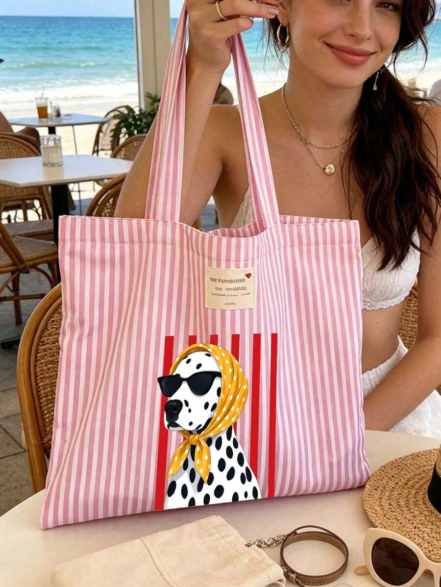 Pink Striped Spotted Dog (Wearing Scarf) Print Tote Bag And Storage Bag Set- Large Capacity Canvas Shoulder Bag With Matching Cosmetic Bag, Women's Handbag, Casual Tote Bag, Waterproof And Sand-Resis