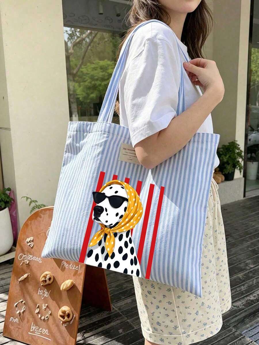 Pink Striped Spotted Dog (Wearing Scarf) Print Tote Bag And Storage Bag Set- Large Capacity Canvas Shoulder Bag With Matching Cosmetic Bag, Women's Handbag, Casual Tote Bag, Waterproof And Sand-Resis