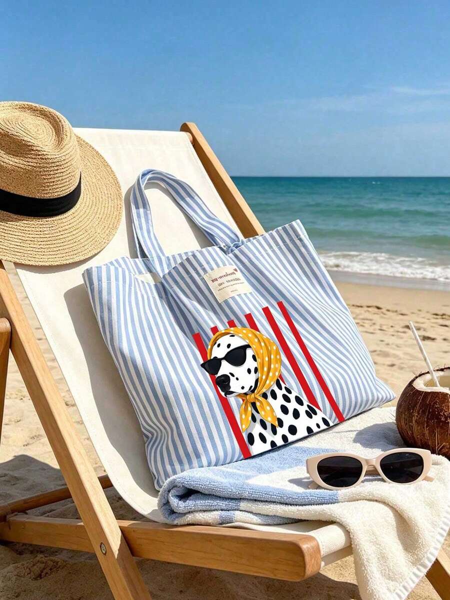 Pink Striped Spotted Dog (Wearing Scarf) Print Tote Bag And Storage Bag Set- Large Capacity Canvas Shoulder Bag With Matching Cosmetic Bag, Women's Handbag, Casual Tote Bag, Waterproof And Sand-Resis