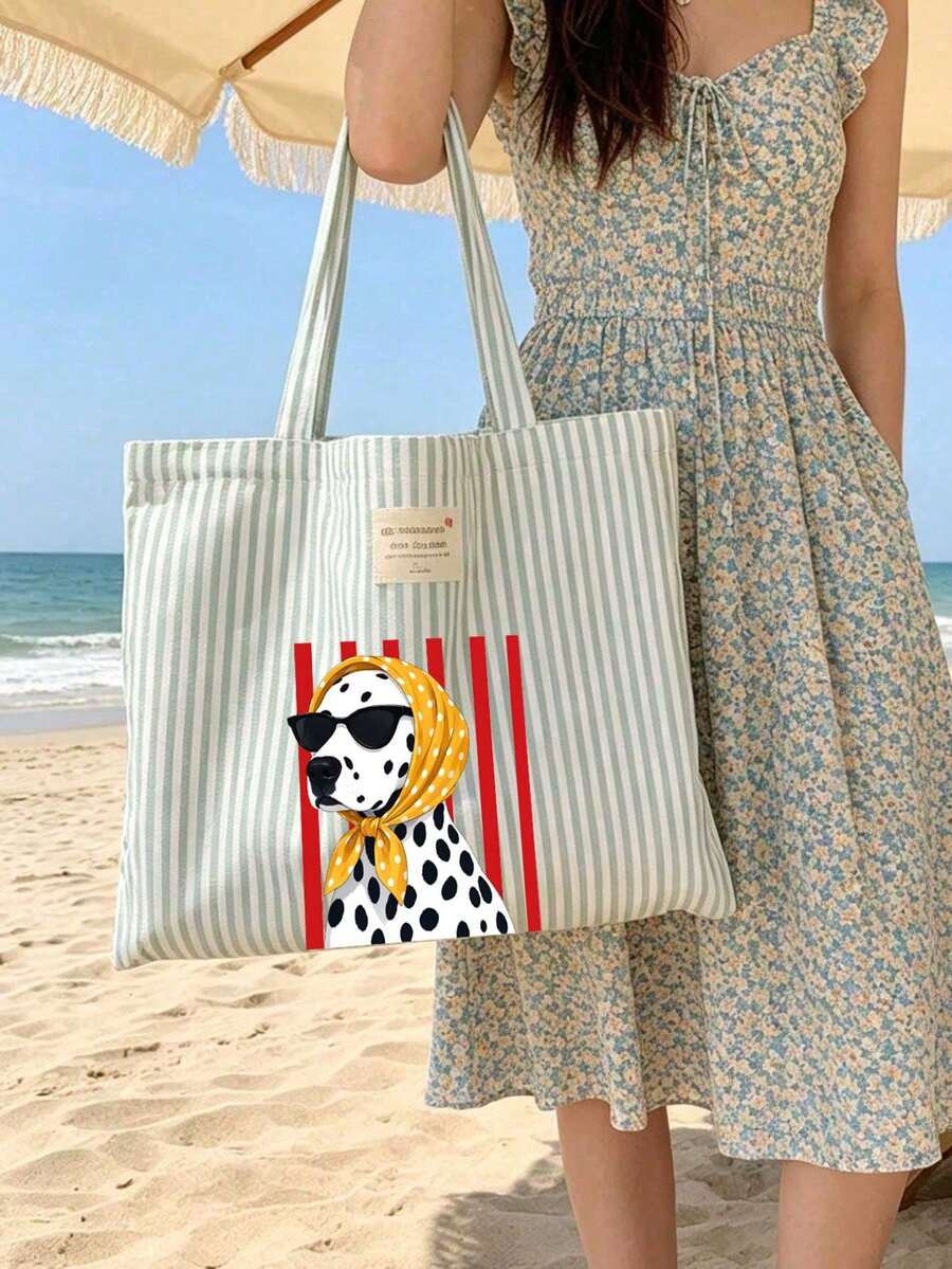 Pink Striped Spotted Dog (Wearing Scarf) Print Tote Bag And Storage Bag Set- Large Capacity Canvas Shoulder Bag With Matching Cosmetic Bag, Women's Handbag, Casual Tote Bag, Waterproof And Sand-Resis