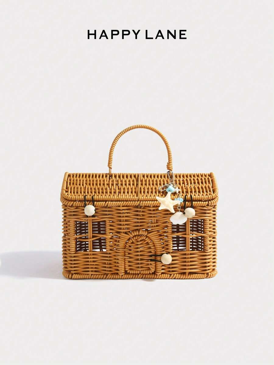 HAPPY LANE Woven Tote Bag, Mint Blue House Design, Hollowed-Out Shoulder Bag, Beach Bag, Cute Cartoon Shoulder Bag, Casual And Versatile Women's Bag