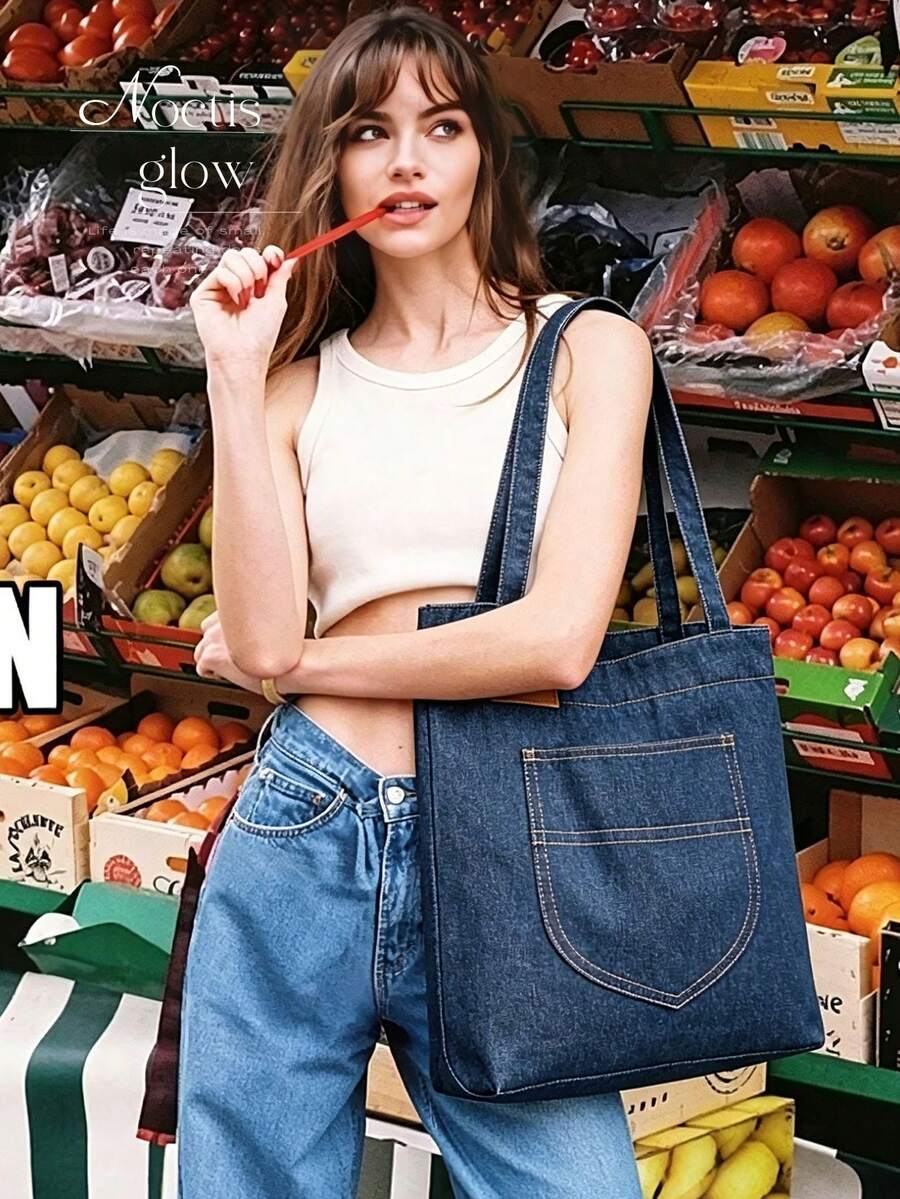 Navy Denim Tote Bag For Women Vintage Y2K Large Capacity Front Pocket Shoulder Bag Casual Lightweight Underarm Bag For Daily Travel