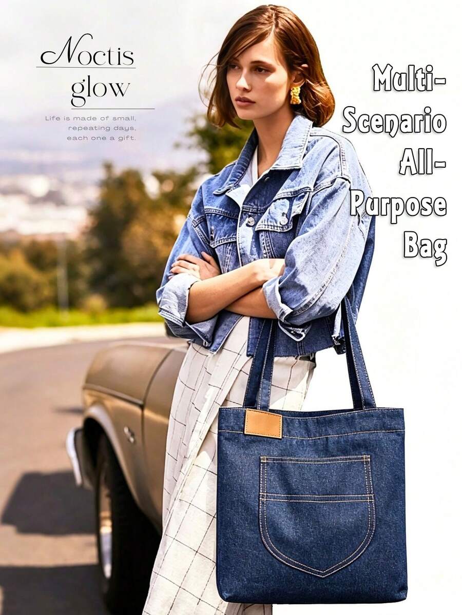 Navy Denim Tote Bag For Women Vintage Y2K Large Capacity Front Pocket Shoulder Bag Casual Lightweight Underarm Bag For Daily Travel