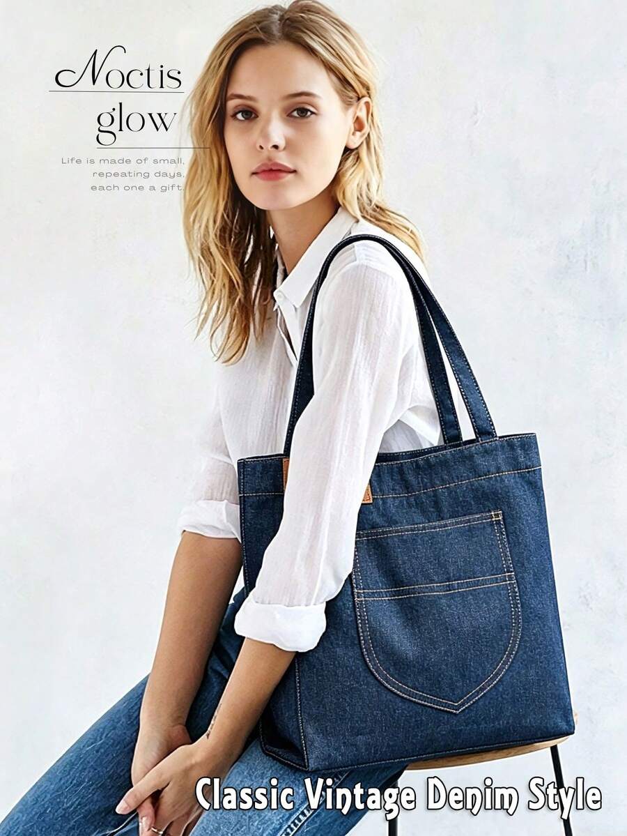 Navy Denim Tote Bag For Women Vintage Y2K Large Capacity Front Pocket Shoulder Bag Casual Lightweight Underarm Bag For Daily Travel