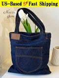 Navy Denim Tote Bag For Women Vintage Y2K Large Capacity Front Pocket Shoulder B