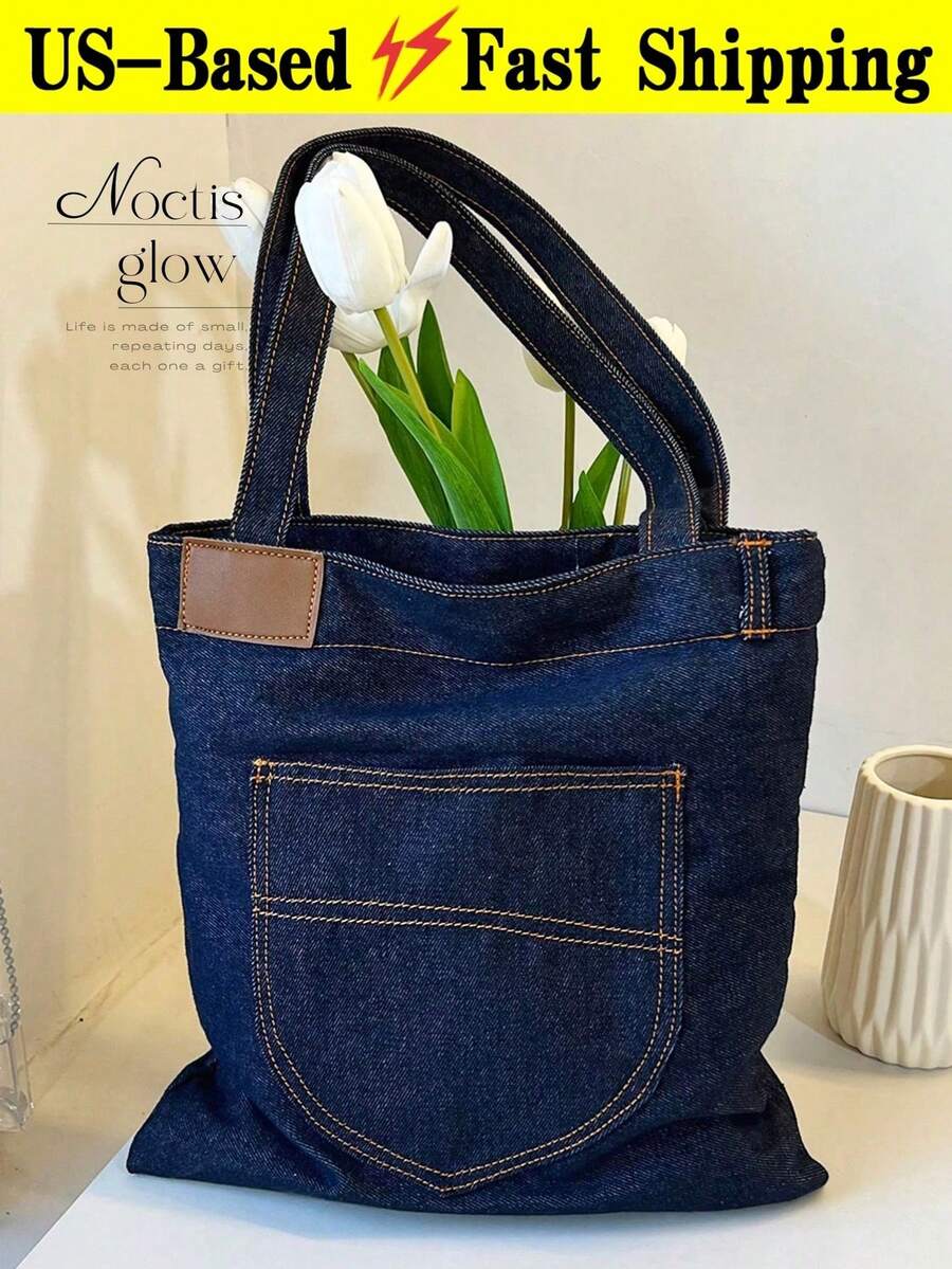 Navy Denim Tote Bag For Women Vintage Y2K Large Capacity Front Pocket Shoulder Bag Casual Lightweight Underarm Bag For Daily Travel