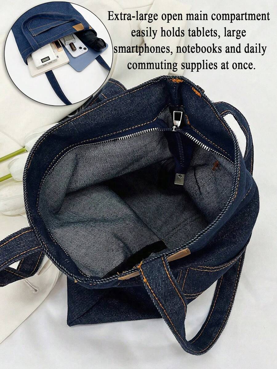 Navy Denim Tote Bag For Women Vintage Y2K Large Capacity Front Pocket Shoulder Bag Casual Lightweight Underarm Bag For Daily Travel