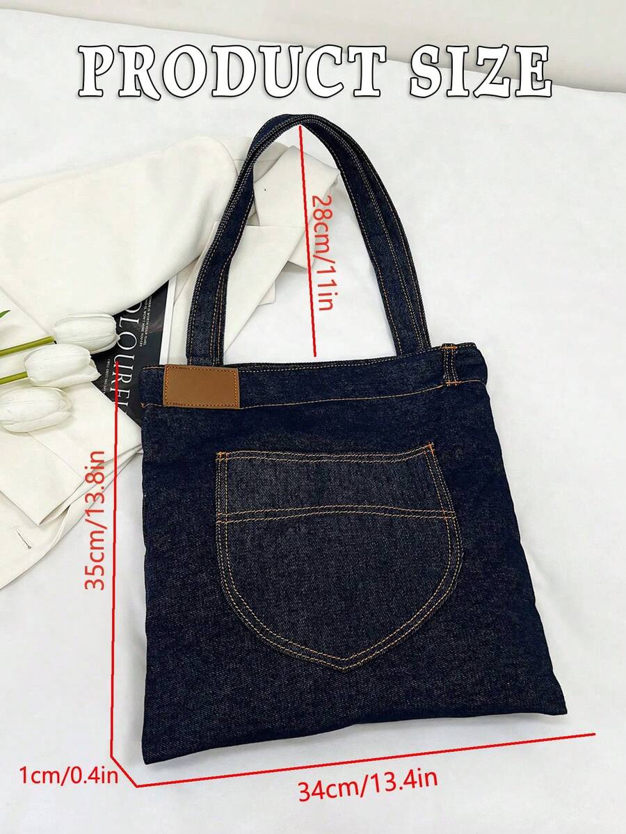 Navy Denim Tote Bag For Women Vintage Y2K Large Capacity Front Pocket Shoulder Bag Casual Lightweight Underarm Bag For Daily Travel