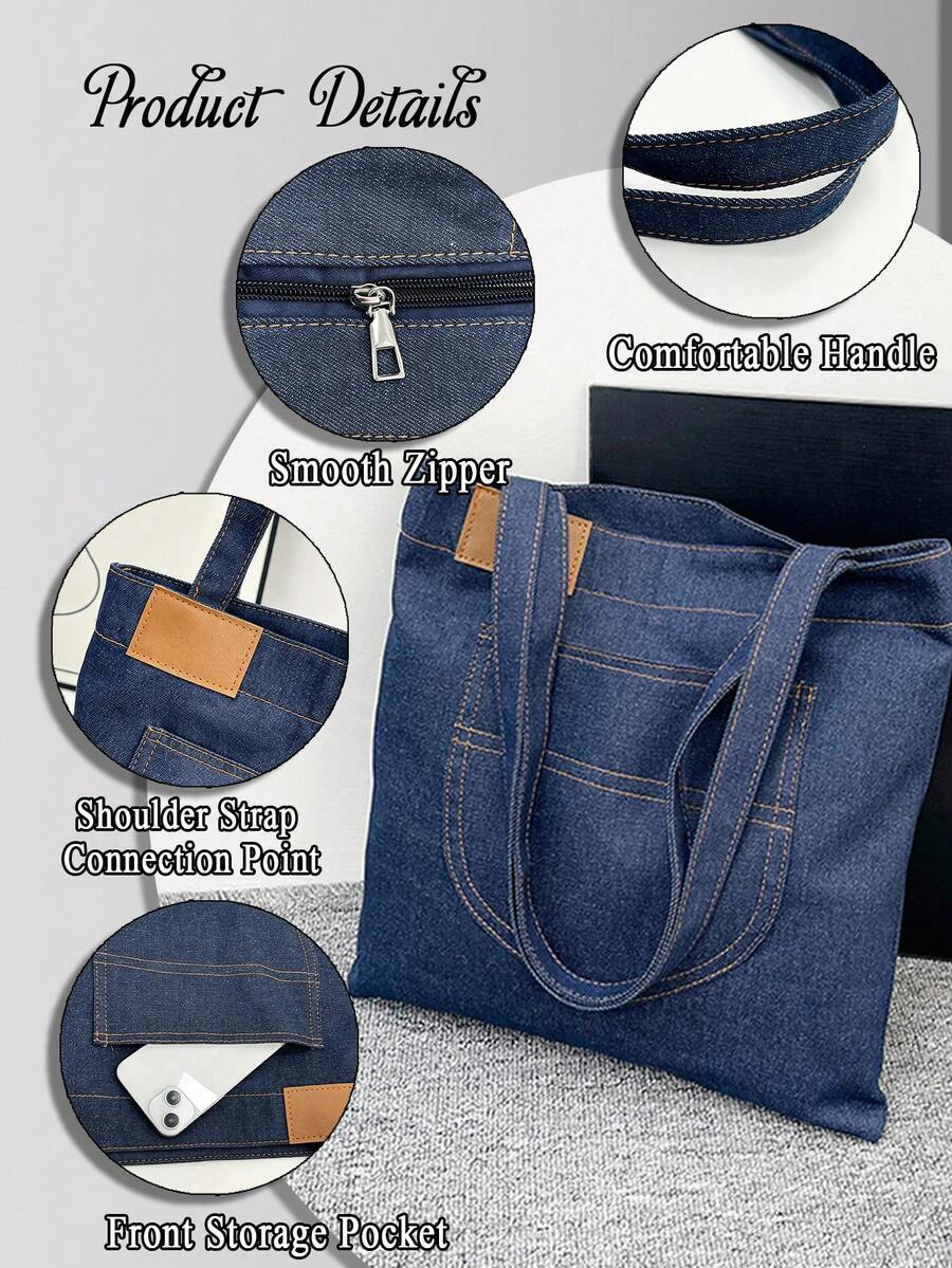 Navy Denim Tote Bag For Women Vintage Y2K Large Capacity Front Pocket Shoulder Bag Casual Lightweight Underarm Bag For Daily Travel
