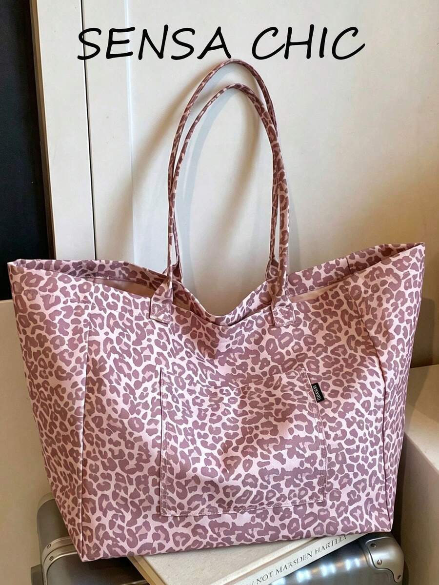 Women's Fashion Soft Fabric Printed Tote Bag, Large Capacity Front Pocket Design, Pink Tone Casual Handbag, Suitable For Outdoor, Shopping And Travel