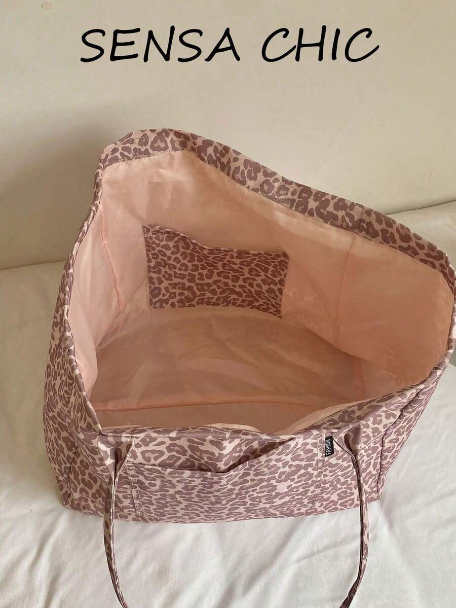Women's Fashion Soft Fabric Printed Tote Bag, Large Capacity Front Pocket Design, Pink Tone Casual Handbag, Suitable For Outdoor, Shopping And Travel