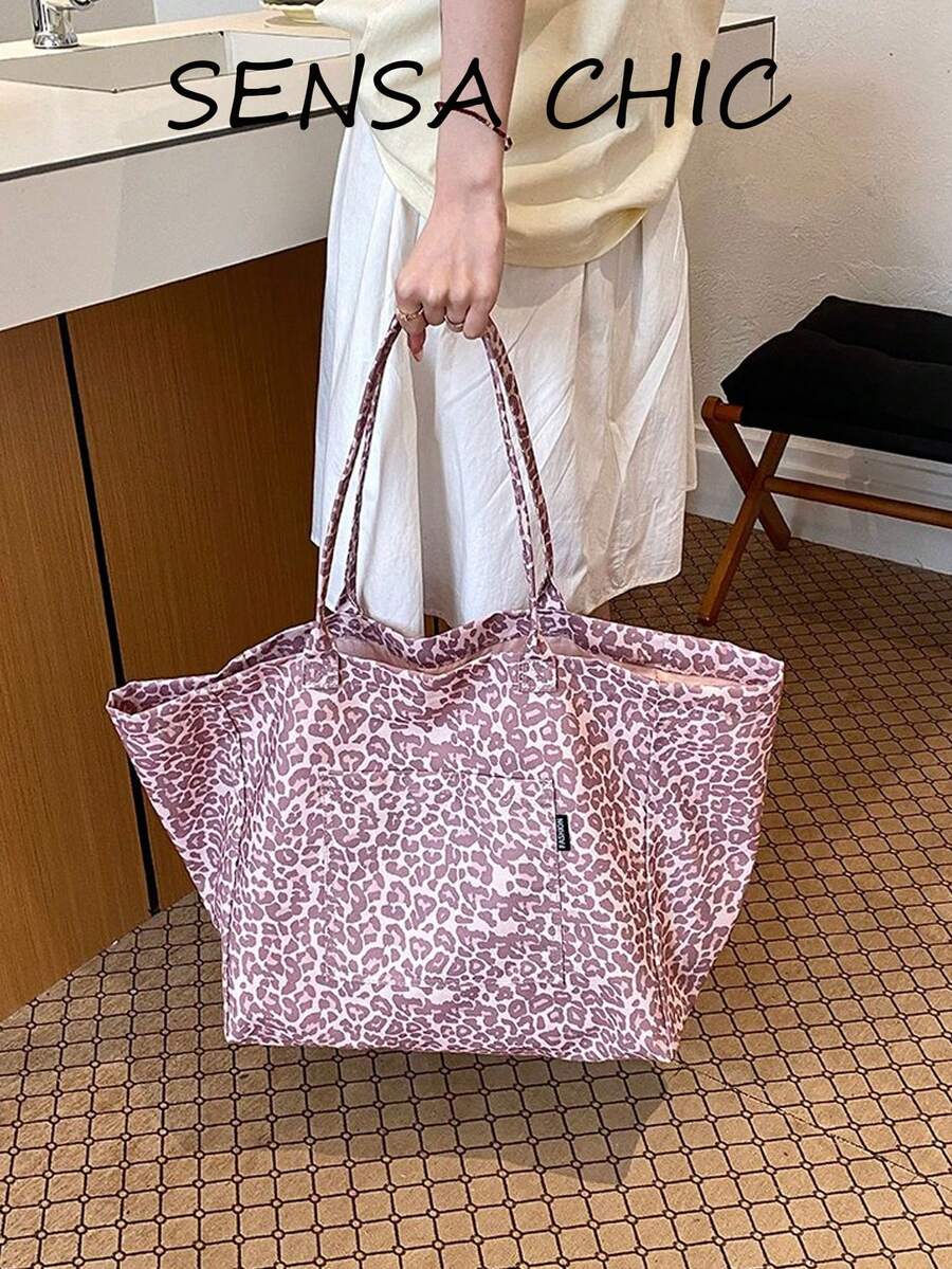 Women's Fashion Soft Fabric Printed Tote Bag, Large Capacity Front Pocket Design, Pink Tone Casual Handbag, Suitable For Outdoor, Shopping And Travel