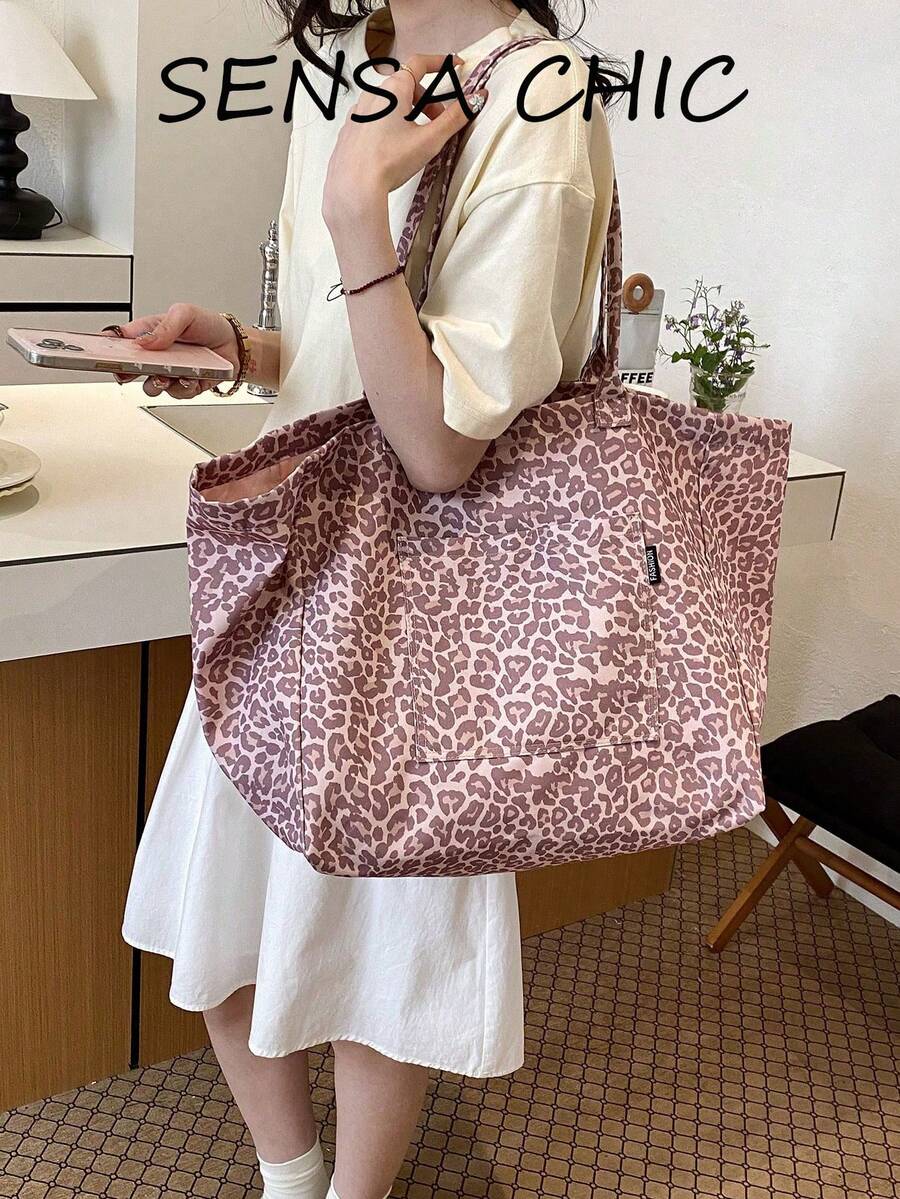 Women's Fashion Soft Fabric Printed Tote Bag, Large Capacity Front Pocket Design, Pink Tone Casual Handbag, Suitable For Outdoor, Shopping And Travel