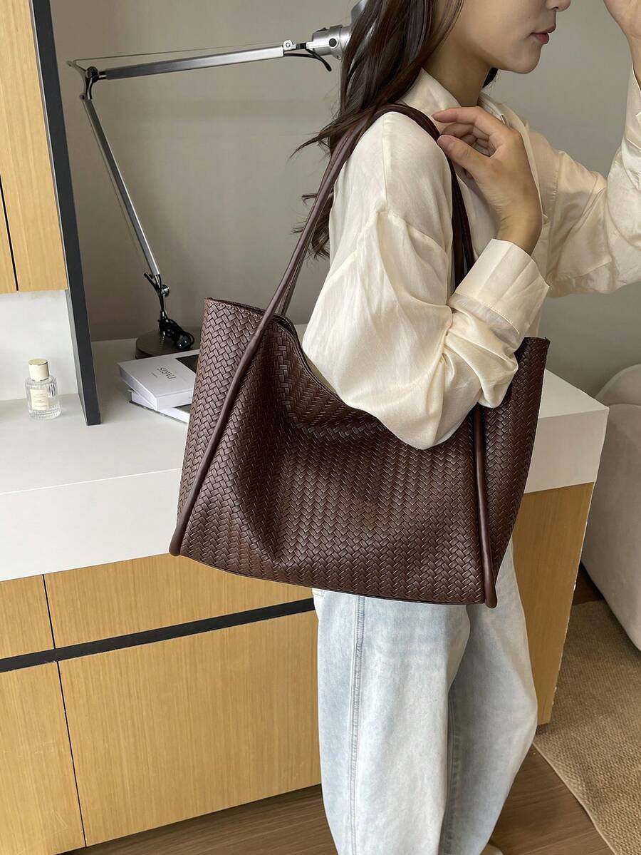 New 2026 Fashion Large Capacity Women's Tote Bag, Shoulder Bag, Premium Minimalist Vintage Woven Texture Bucket Bag, PU Material