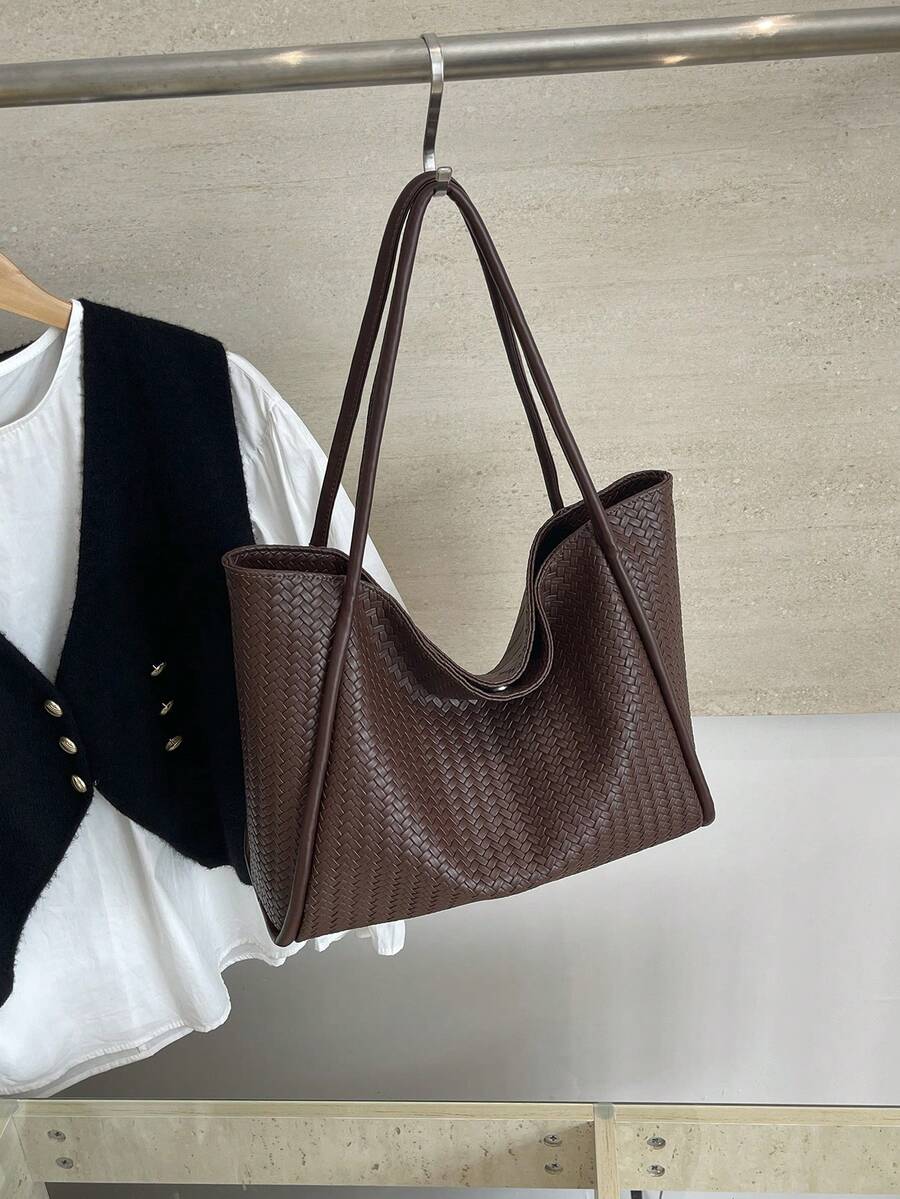 New 2026 Fashion Large Capacity Women's Tote Bag, Shoulder Bag, Premium Minimalist Vintage Woven Texture Bucket Bag, PU Material