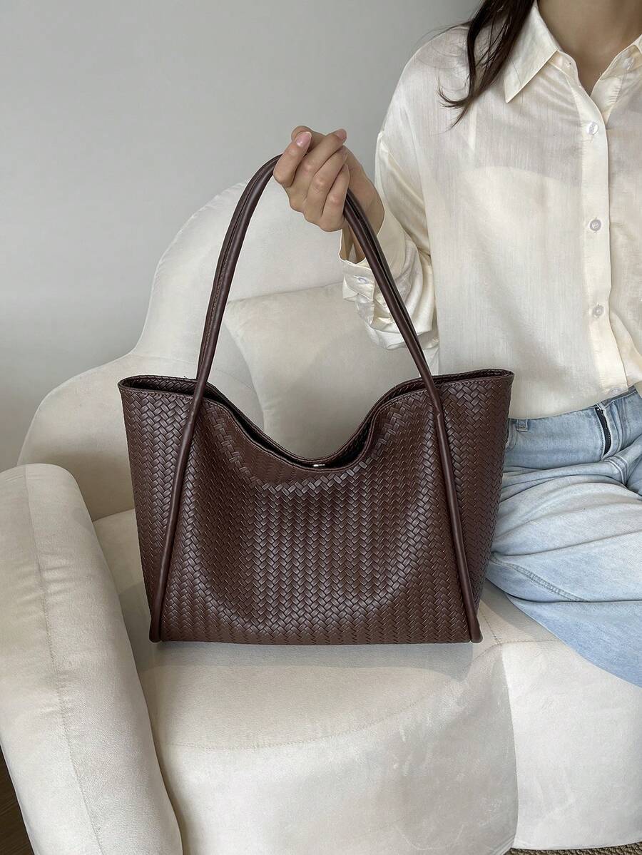 New 2026 Fashion Large Capacity Women's Tote Bag, Shoulder Bag, Premium Minimalist Vintage Woven Texture Bucket Bag, PU Material