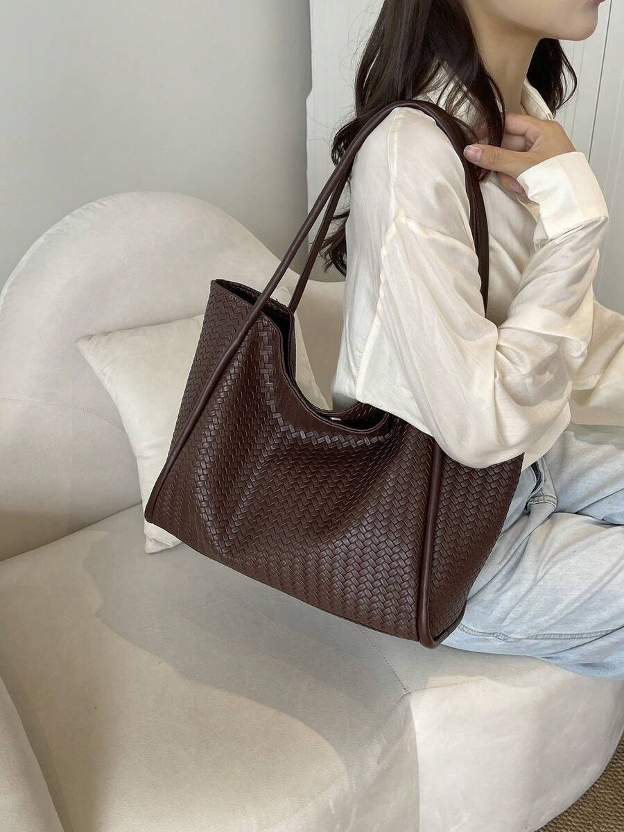New 2026 Fashion Large Capacity Women's Tote Bag, Shoulder Bag, Premium Minimalist Vintage Woven Texture Bucket Bag, PU Material