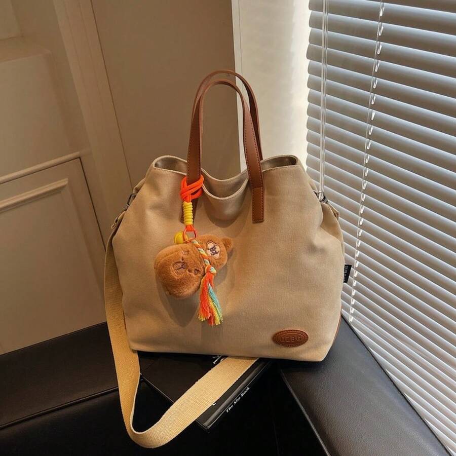 3 Colors Large Canvas Tote Bag, Contrast PU Leather Handle Cute Bear Plush Tassel Pendant Zipper Shoulder Bag Women Student School Work Travel Dai