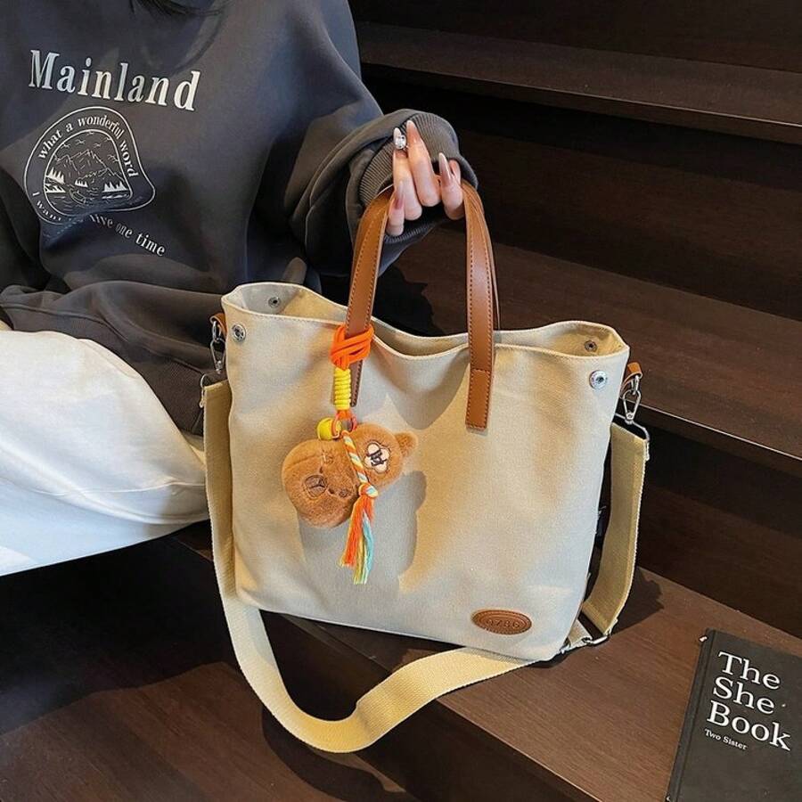 3 Colors Large Canvas Tote Bag, Contrast PU Leather Handle Cute Bear Plush Tassel Pendant Zipper Shoulder Bag Women Student School Work Travel Dai