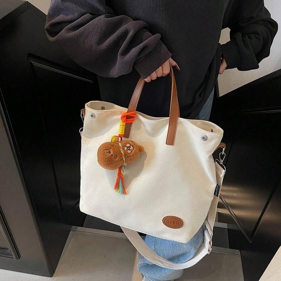 3 Colors Large Canvas Tote Bag, Contrast PU Leather Handle Cute Bear Plush Tassel Pendant Zipper Shoulder Bag Women Student School Work Travel Dai