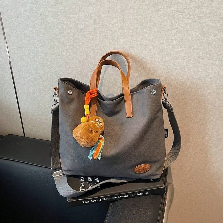 3 Colors Large Canvas Tote Bag, Contrast PU Leather Handle Cute Bear Plush Tassel Pendant Zipper Shoulder Bag Women Student School Work Travel Dai