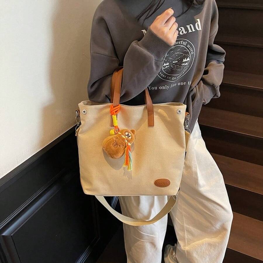 3 Colors Large Canvas Tote Bag, Contrast PU Leather Handle Cute Bear Plush Tassel Pendant Zipper Shoulder Bag Women Student School Work Travel Dai