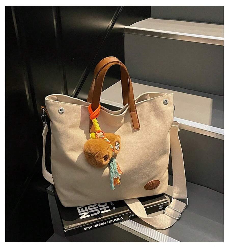 3 Colors Large Canvas Tote Bag, Contrast PU Leather Handle Cute Bear Plush Tassel Pendant Zipper Shoulder Bag Women Student School Work Travel Dai