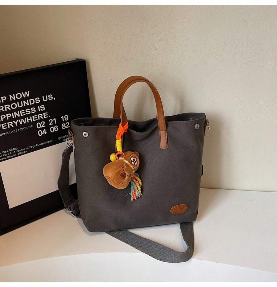 3 Colors Large Canvas Tote Bag, Contrast PU Leather Handle Cute Bear Plush Tassel Pendant Zipper Shoulder Bag Women Student School Work Travel Dai