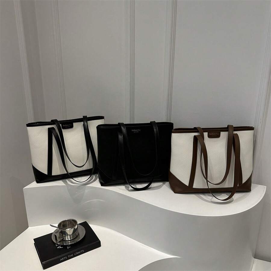 Shoulder BagAutumn Large-Capacity Tote Bag, Fashionable, Simple, Textured, Women's Commuter Shoulder Bag, Popular, Beautiful, Color-Blocking