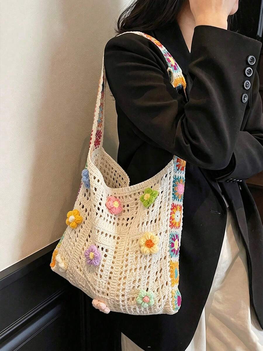 Dedoo Bohemian Style Women's Handbag, Large Capacity Open-Top Tote,  (Flower Color/Position Random) (Strap Color/Pattern Random),Straw Bag