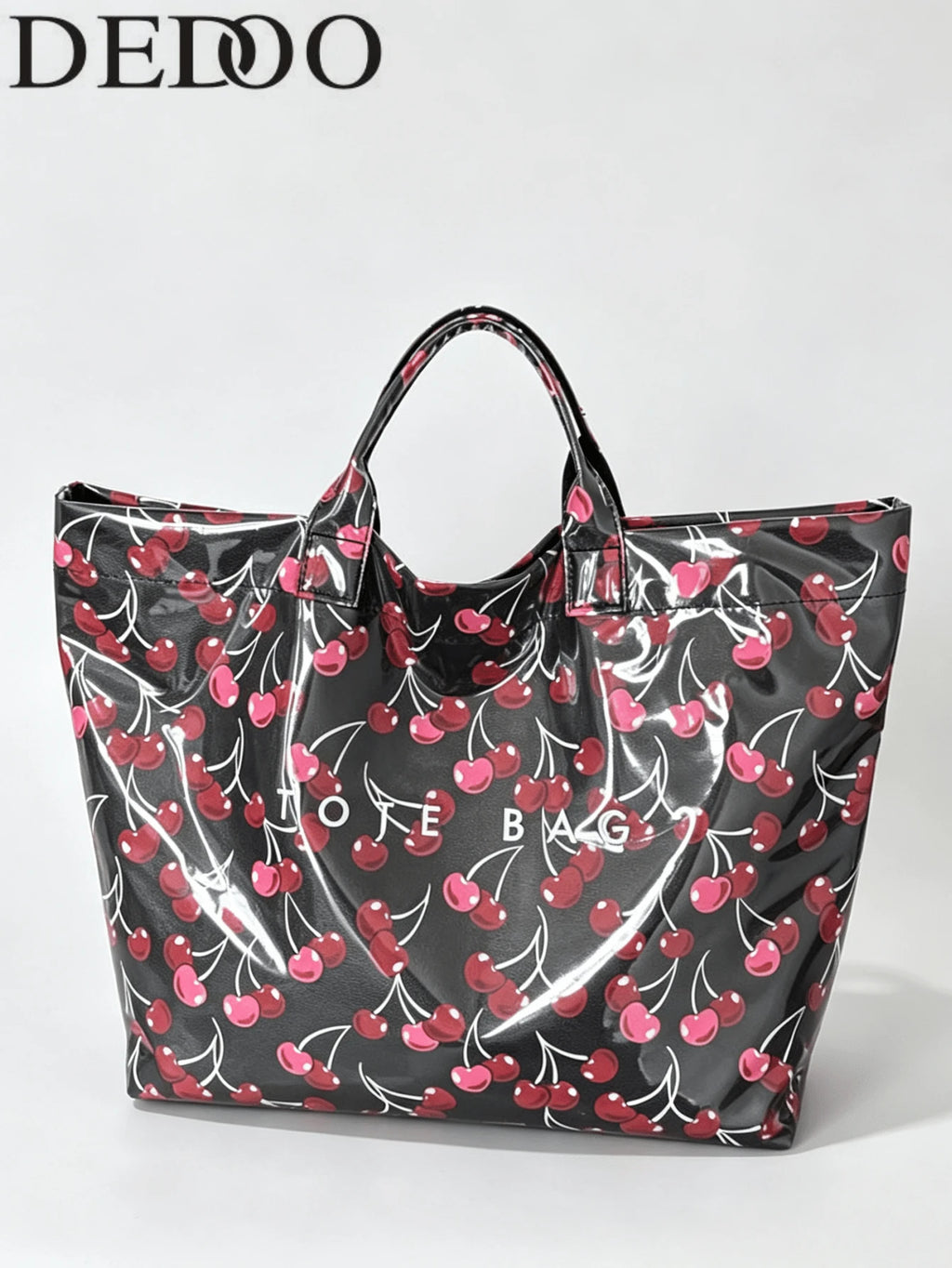 Dedoo Cherry Print Waterproof PVC Material Women's Tote Handbag Shoulder Bag, Large Capacity, Top Handle, Casual Commuter Style, Suitable For Shopping And Travel