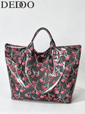 Dedoo Cherry Print Waterproof PVC Material Women's Tote Handbag Shoulder Bag, Large Capacity, Top Handle, Casual Commuter Style, Suitable For Shopping And Travel