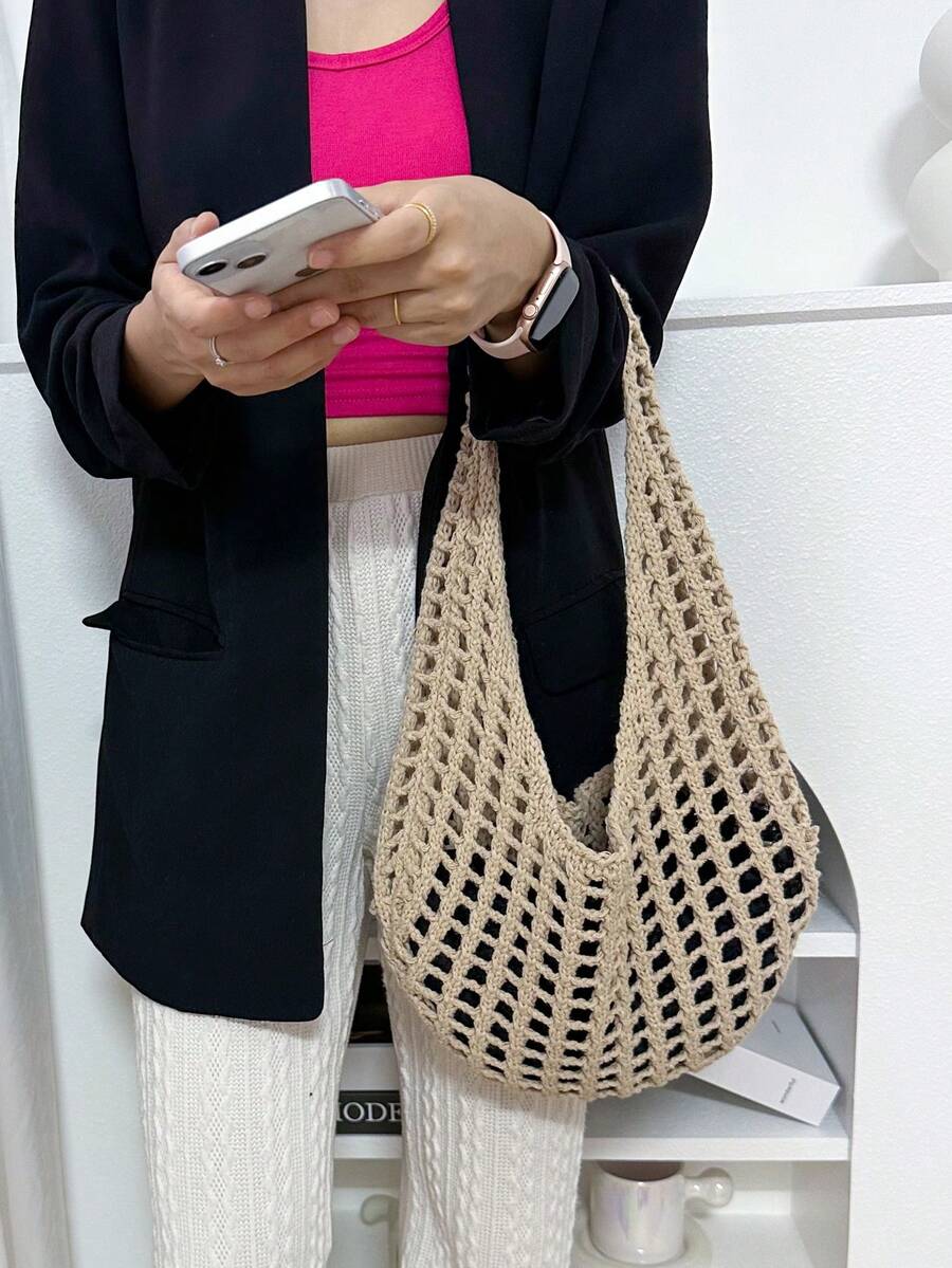 2026 New Large Capacity Hollow Vintage Beach Bag, Bohemian Beach Bag, Holiday Essential, Women's Fashion Handmade Crochet Handbag. Suitable For College Students, Back To School And Mother's Day Gift