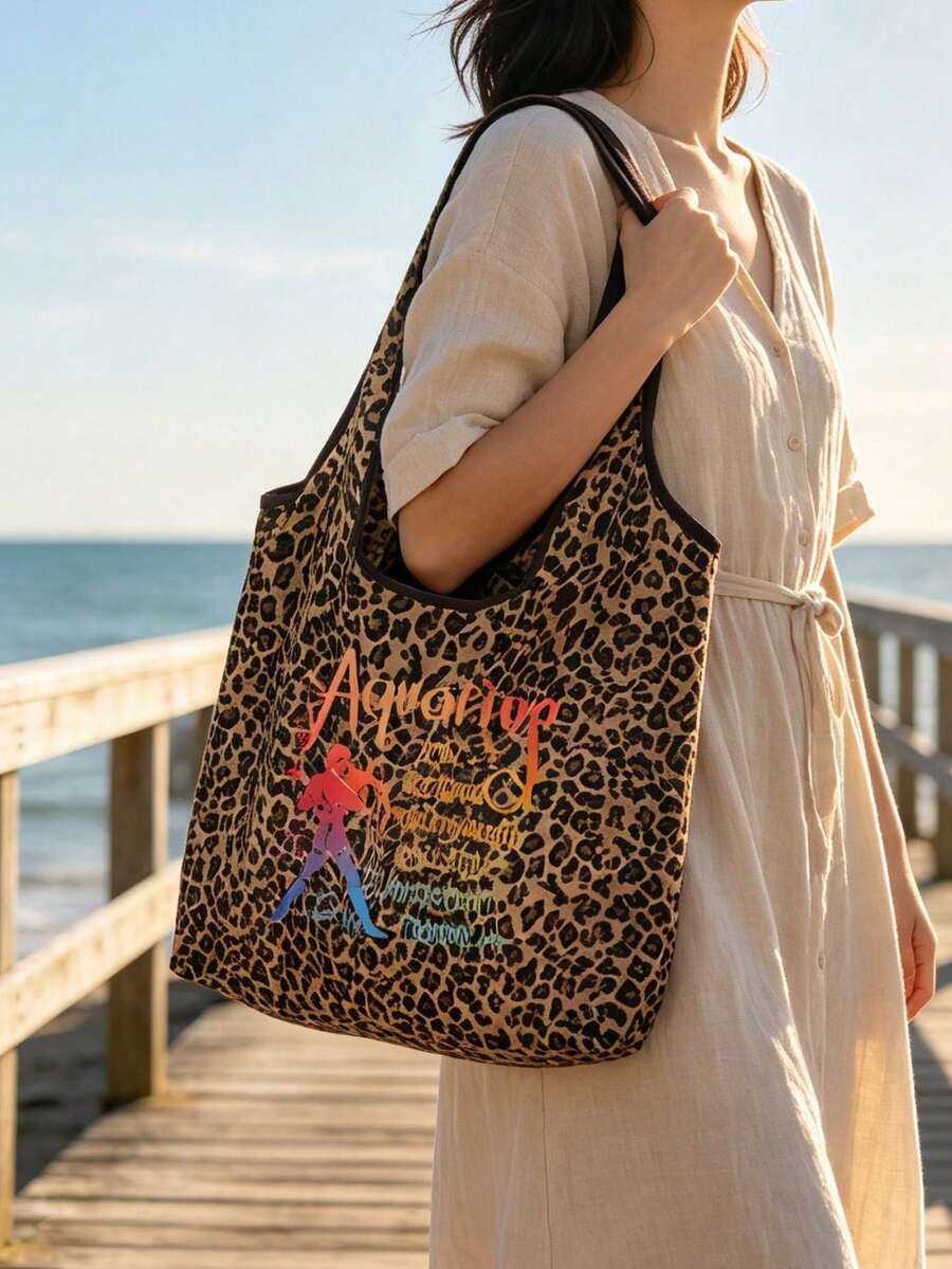 12 Zodiac Signs Print Leopard Tote Bag, Outdoor Shoulder Bag, Handbag, Large Capacity Shoulder Bag, Reusable Shopping Bag, Suitable For Travel, School, Fitness, Party, Shopping And Daily Commute, Suit