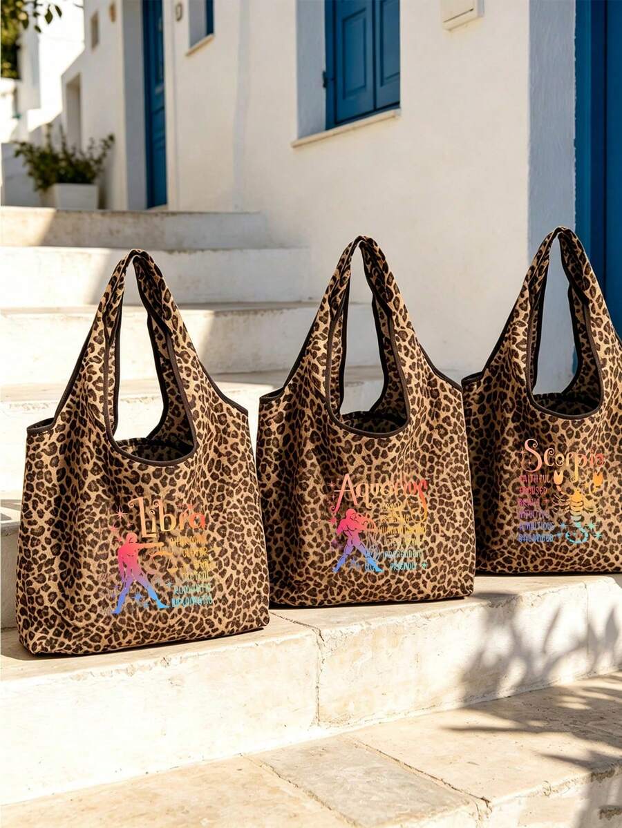 12 Zodiac Signs Print Leopard Tote Bag, Outdoor Shoulder Bag, Handbag, Large Capacity Shoulder Bag, Reusable Shopping Bag, Suitable For Travel, School, Fitness, Party, Shopping And Daily Commute, Suit