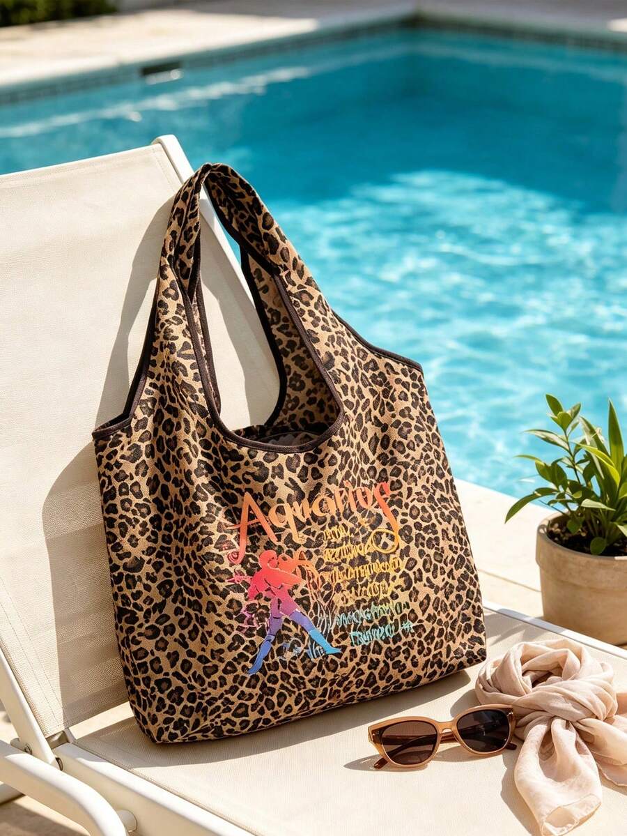12 Zodiac Signs Print Leopard Tote Bag, Outdoor Shoulder Bag, Handbag, Large Capacity Shoulder Bag, Reusable Shopping Bag, Suitable For Travel, School, Fitness, Party, Shopping And Daily Commute, Suit