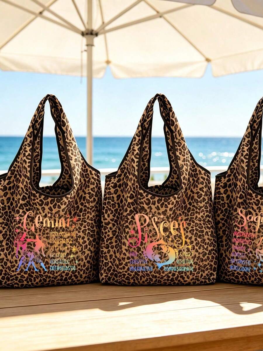 12 Zodiac Signs Print Leopard Tote Bag, Outdoor Shoulder Bag, Handbag, Large Capacity Shoulder Bag, Reusable Shopping Bag, Suitable For Travel, School, Fitness, Party, Shopping And Daily Commute, Suit