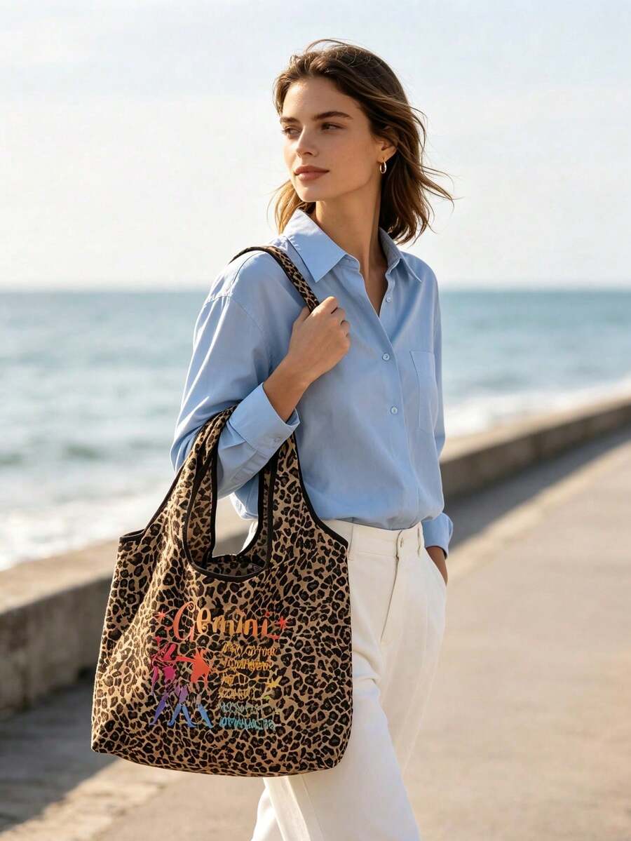 12 Zodiac Signs Print Leopard Tote Bag, Outdoor Shoulder Bag, Handbag, Large Capacity Shoulder Bag, Reusable Shopping Bag, Suitable For Travel, School, Fitness, Party, Shopping And Daily Commute, Suit