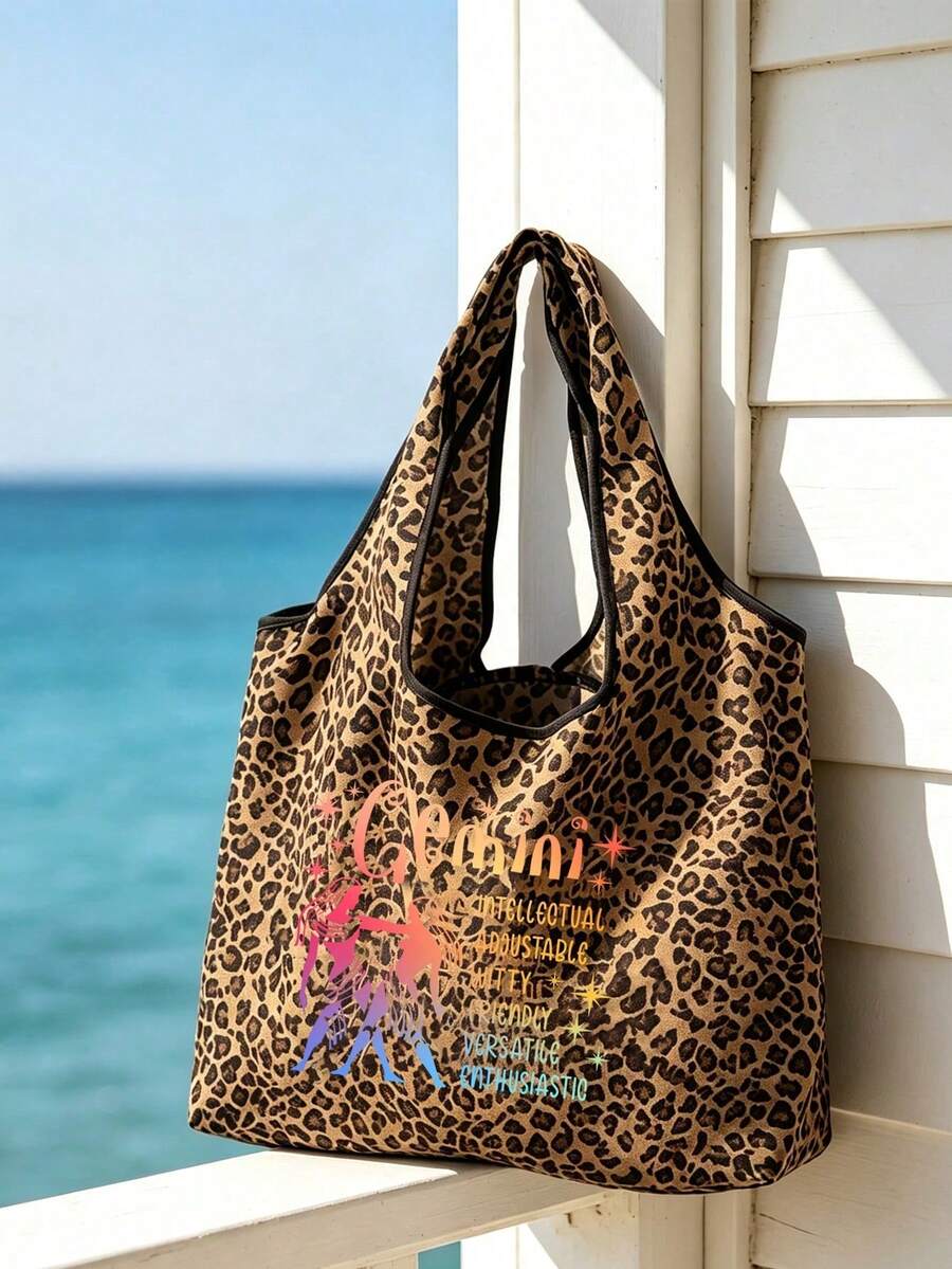 12 Zodiac Signs Print Leopard Tote Bag, Outdoor Shoulder Bag, Handbag, Large Capacity Shoulder Bag, Reusable Shopping Bag, Suitable For Travel, School, Fitness, Party, Shopping And Daily Commute, Suit