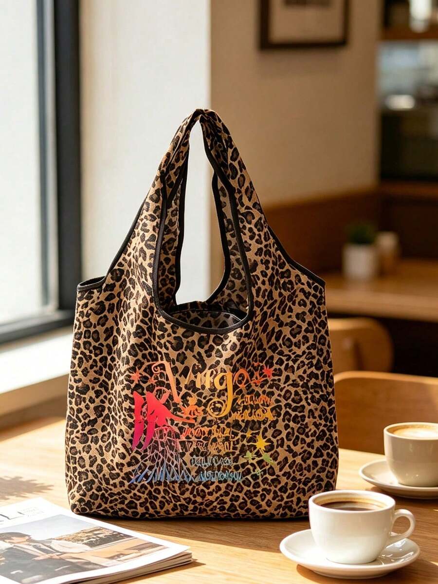12 Zodiac Signs Print Leopard Tote Bag, Outdoor Shoulder Bag, Handbag, Large Capacity Shoulder Bag, Reusable Shopping Bag, Suitable For Travel, School, Fitness, Party, Shopping And Daily Commute, Suit