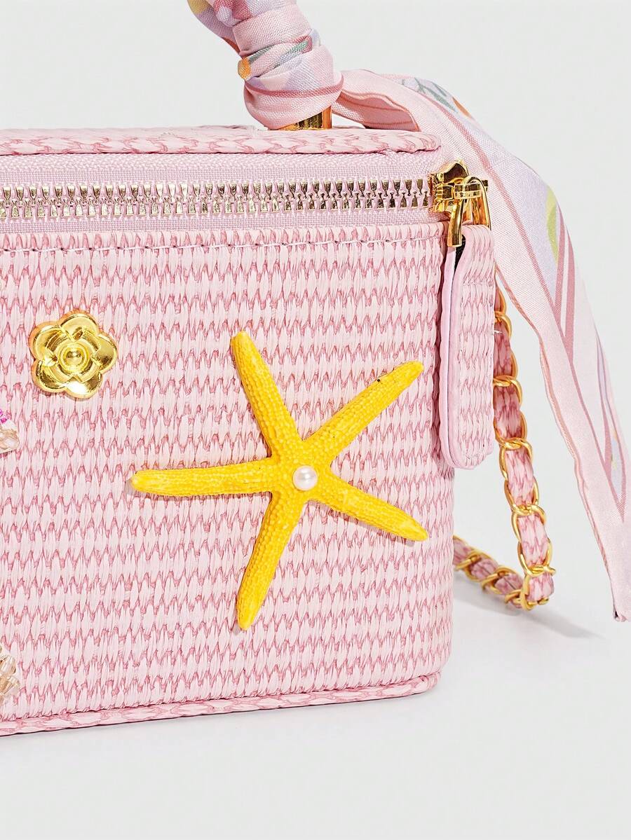 SHECARRY Women's Fashion Pink Woven PU Tote Bag, Coconut Tree Decoration, Messenger Box Type Beach Bag, For Daily, Vacation, Travel, Seaside, Bohemian