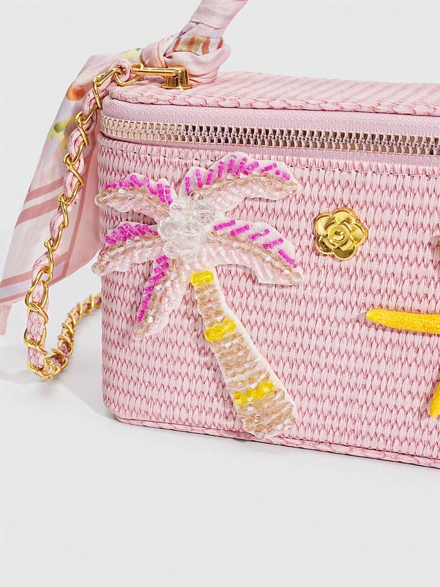 SHECARRY Women's Fashion Pink Woven PU Tote Bag, Coconut Tree Decoration, Messenger Box Type Beach Bag, For Daily, Vacation, Travel, Seaside, Bohemian