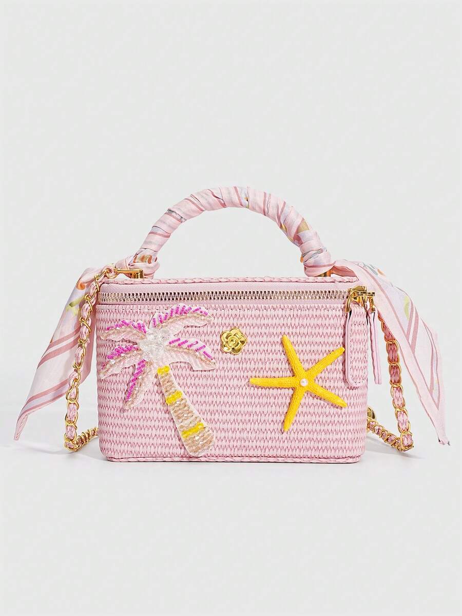 SHECARRY Women's Fashion Pink Woven PU Tote Bag, Coconut Tree Decoration, Messenger Box Type Beach Bag, For Daily, Vacation, Travel, Seaside, Bohemian