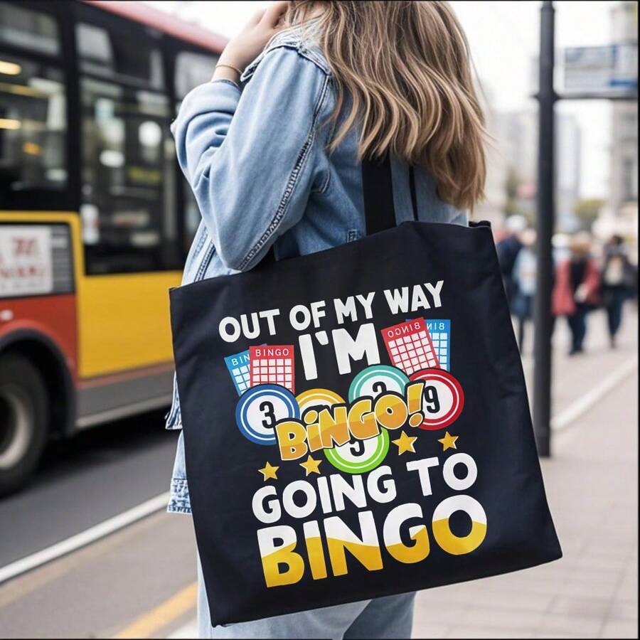 Out Of I Go To Bingo Printed Canvas Tote Bag, Casual Shoulder Bag, Lightweight Reusable Shopping Bag, Daily Commuting, Stylish Retr