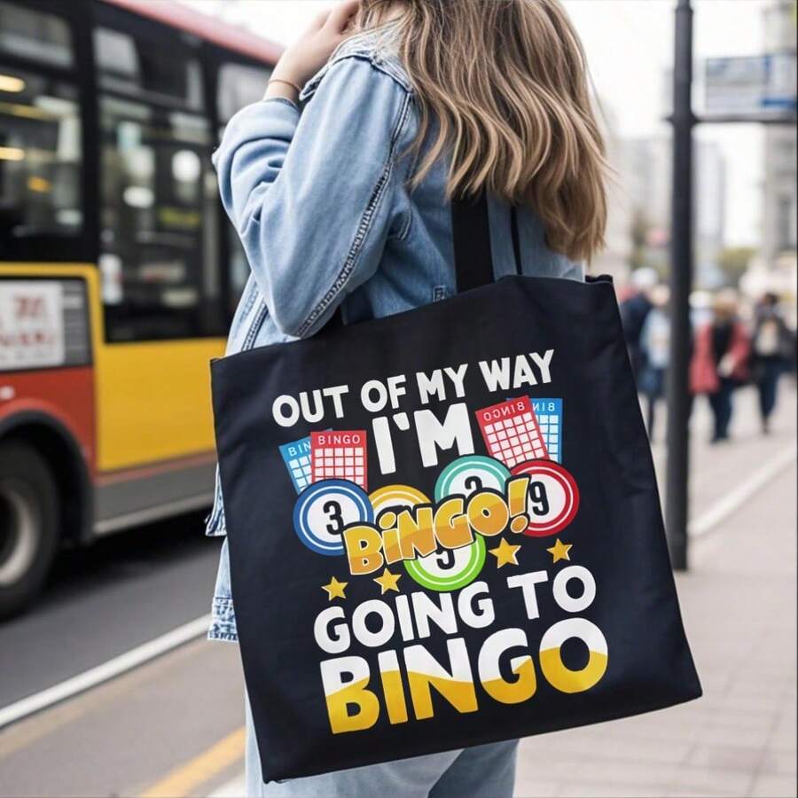 Out Of I Go To Bingo Printed Canvas Tote Bag, Casual Shoulder Bag, Lightweight Reusable Shopping Bag, Daily Commuting, Stylish Retr